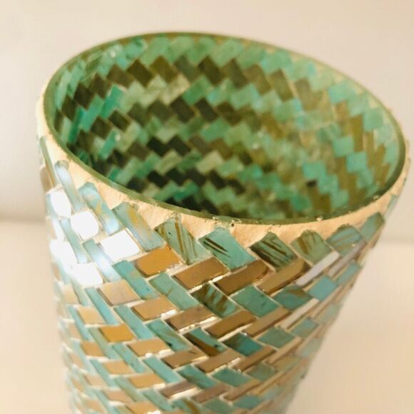 Candle Holder Vase Mosaic Mirror Pale Green Gold Tones Coastal Beachy Nautical - Picture 5 of 5